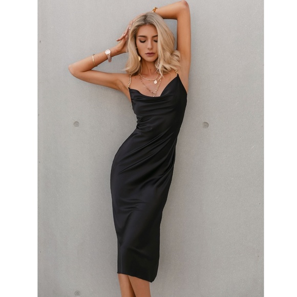 Rouge! Dresses & Skirts - Chain Strap Black Satin Dress Midi